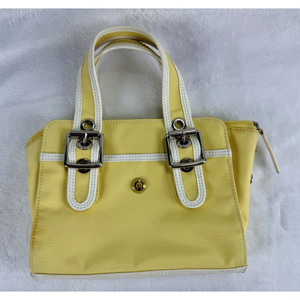 Etienne Aigner Yellow Canvas White Leather Trim Mini Satchel Handbag Buckles Y2K